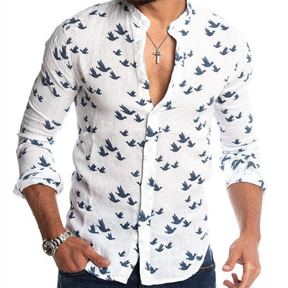 3D printed linen colorblock stand collar shirt