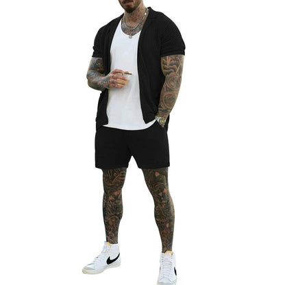 Men's Summer Cool Hole Cloth Lapel Short Sleeve Shorts Suit