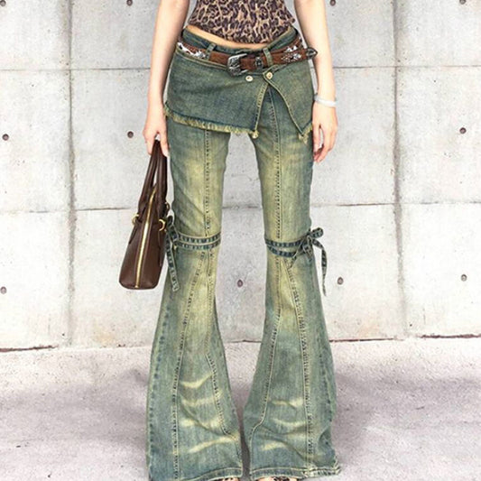 Womens Distressed Lace-up Vintage-style American Denim Jeans