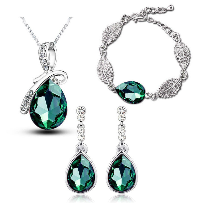 Water Drop Crystal Earrings Man Tingfang Necklace Acacia Leaf Bracelet Three-piece Set