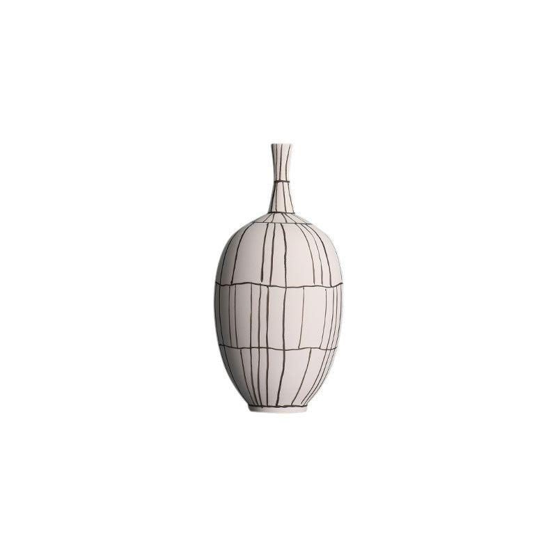 Modern Style Home Decoration Ceramic Frosted Small Mouth Striped Olive-shaped Vase