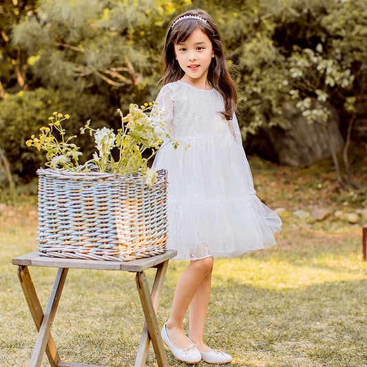 Girls puff sleeve super fairy white gauze skirt