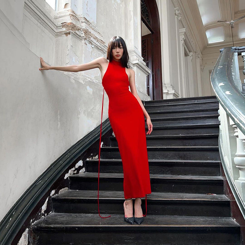 Hollow Out Sleeveless Hanging Neck Dress At Back