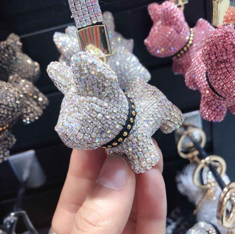 Diamond-encrusted dog key chain pendant