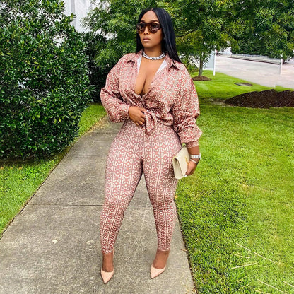Plus Size Geo Pattern Shirt High Waist Pants Set