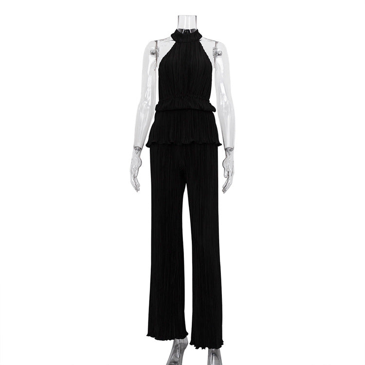 Pleated High Waist Wide Leg Pants Suit Women