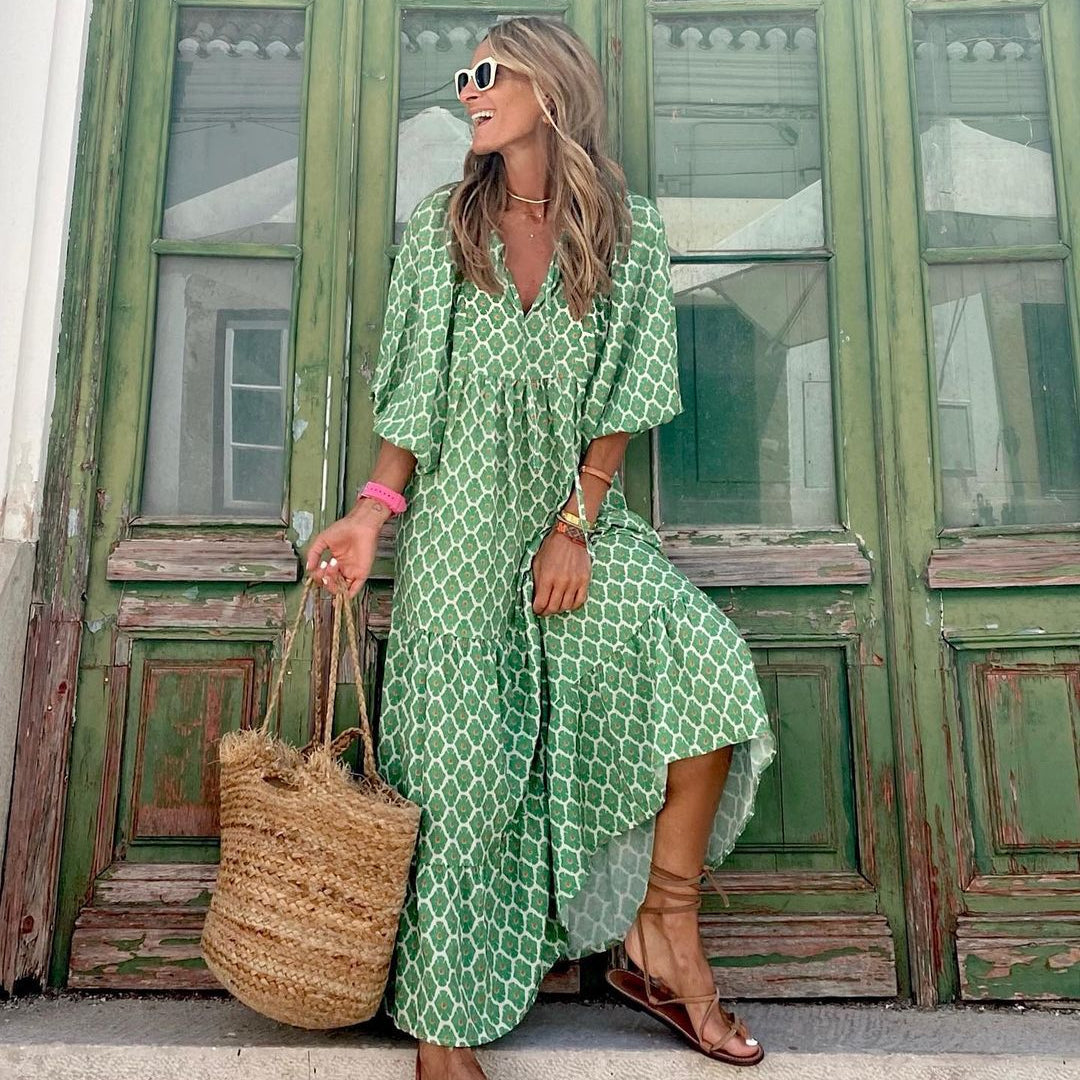 Summer Women's Vintage Printed Bohemian Dress Elegant Ladies Casual Loose V-Neck Short Sleeve Long Dresses - FLIPSTYLEZLLC