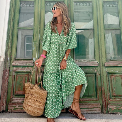 Summer Women's Vintage Printed Bohemian Dress Elegant Ladies Casual Loose V-Neck Short Sleeve Long Dresses - FLIPSTYLEZLLC