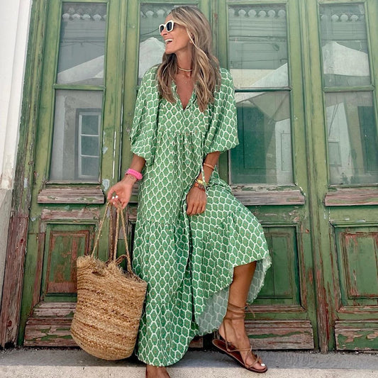 Summer Women's Vintage Printed Bohemian Dress Elegant Ladies Casual Loose V-Neck Short Sleeve Long Dresses - FLIPSTYLEZLLC