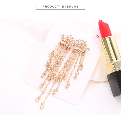 Diamond Studded Star Tassel Chain Back Hanging Earrings