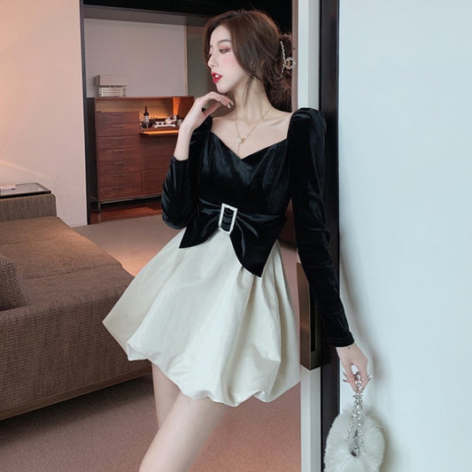 Back Puff Sleeve Stitching Gold Velvet Dress