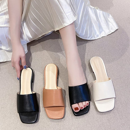 Women's Plus Size Solid Color Square Toe Thick Heel Sandals And Slippers