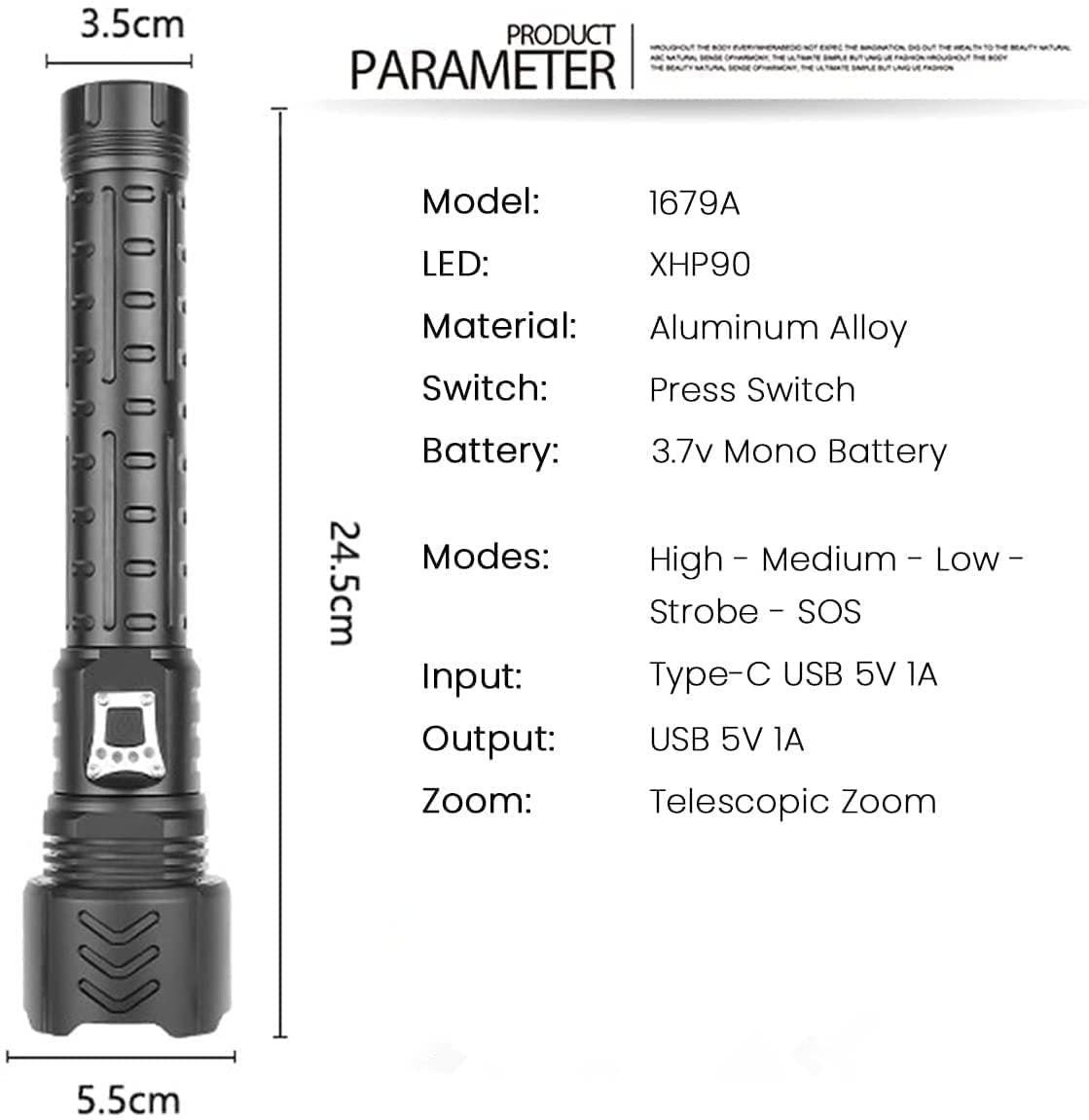 Zoom Type Input And Output Power Display Flashlight