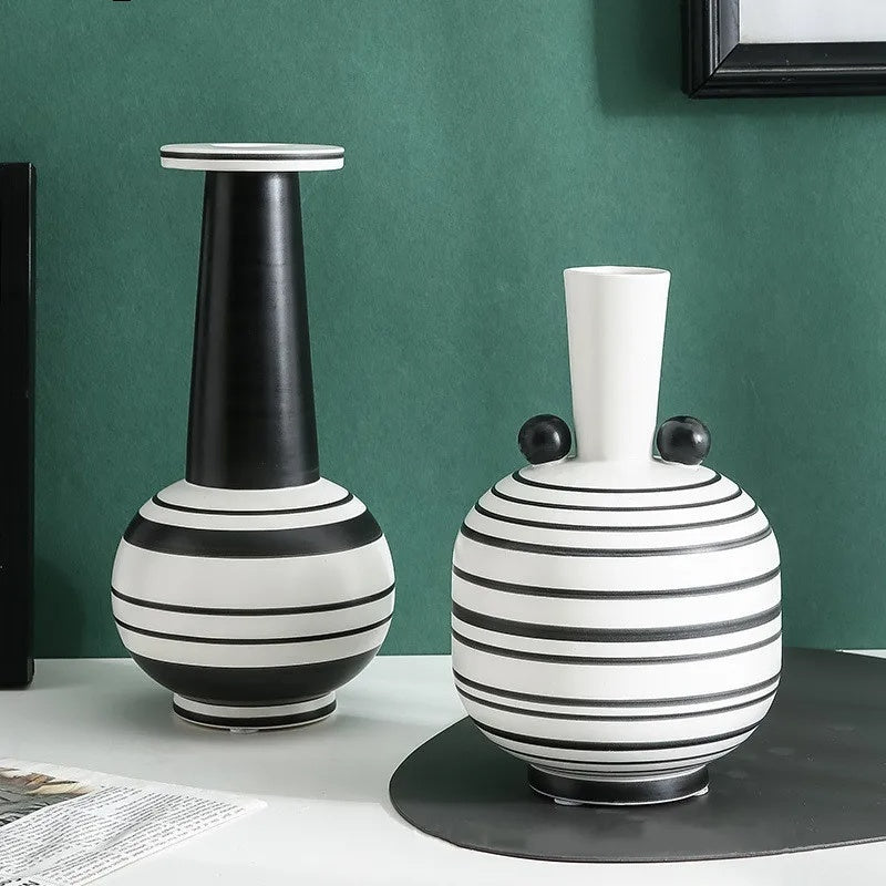 Simple Ceramic Vase Creative Hand-painted Black And White Striped Ornaments