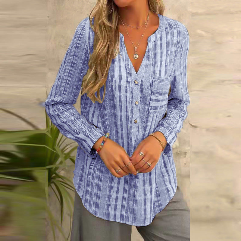 Plus size women's blue striped shirt casual top