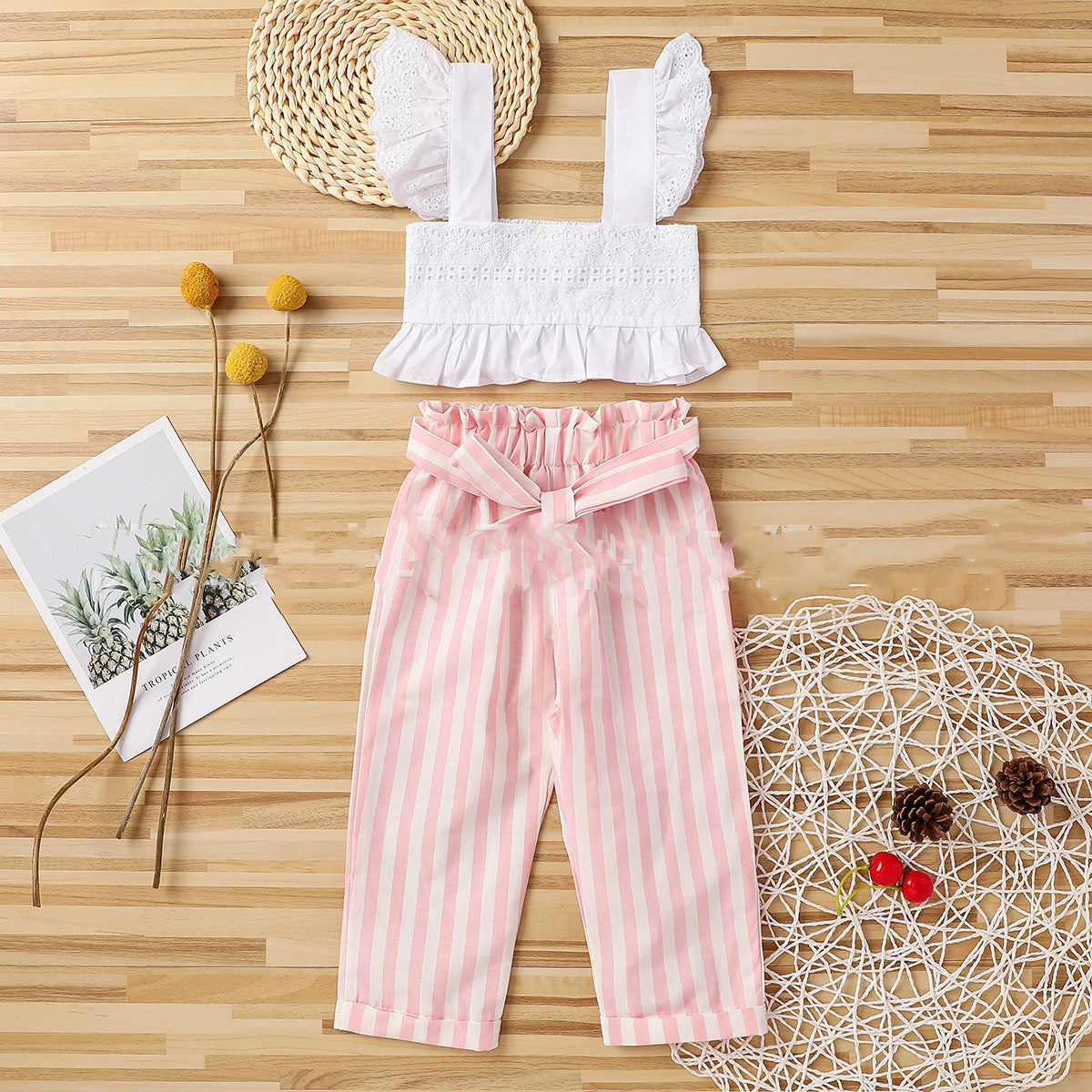 Fashionable Striped Trousers Suit With Lace And Chest Wrap