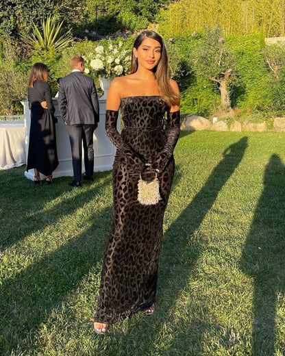 Leopard Print Tube Top Long Sleeve Gloves One Piece