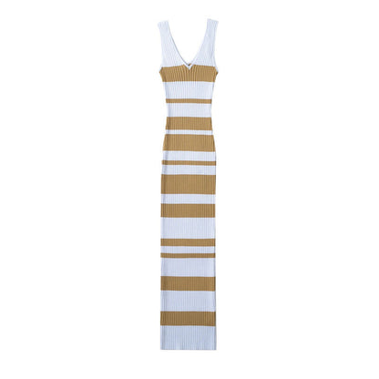 European And American Hot Girl Double V-neck Color Sleeveless Knitted Dress Intellectual Elegant Skinny Sheath