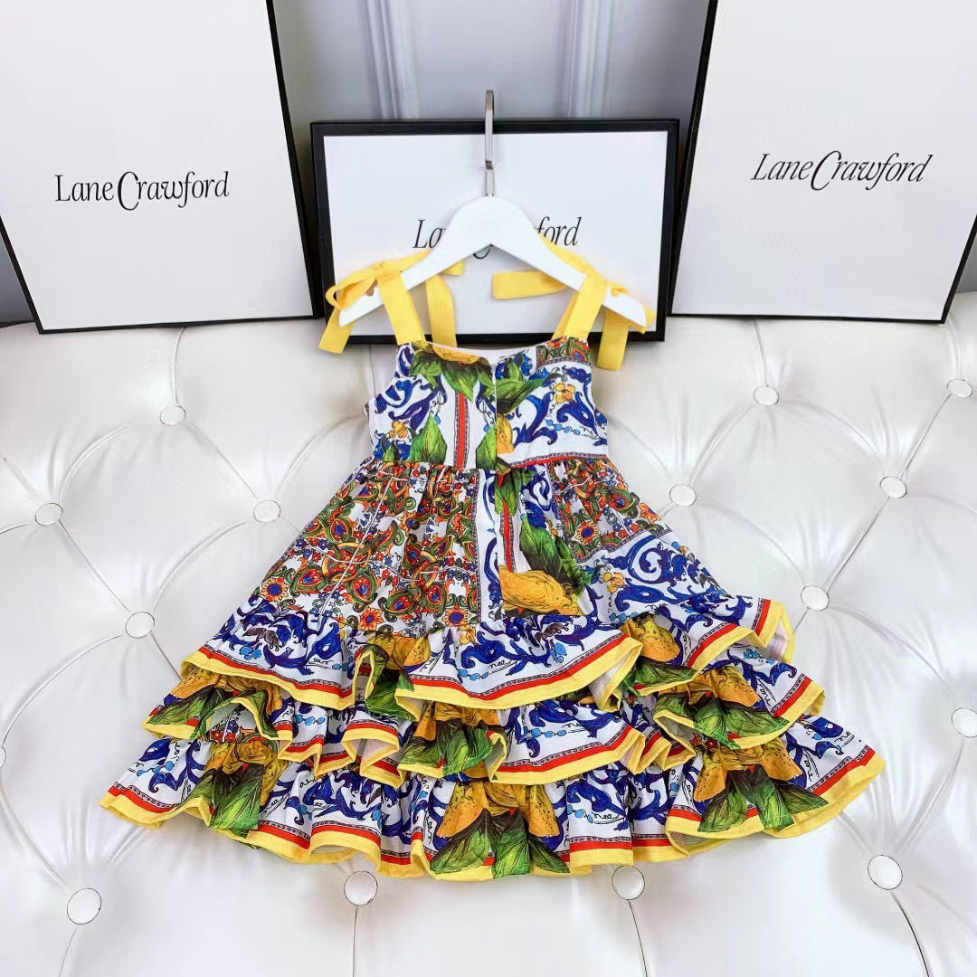 New Cute Pastoral Girls Court Print Suspender Skirt