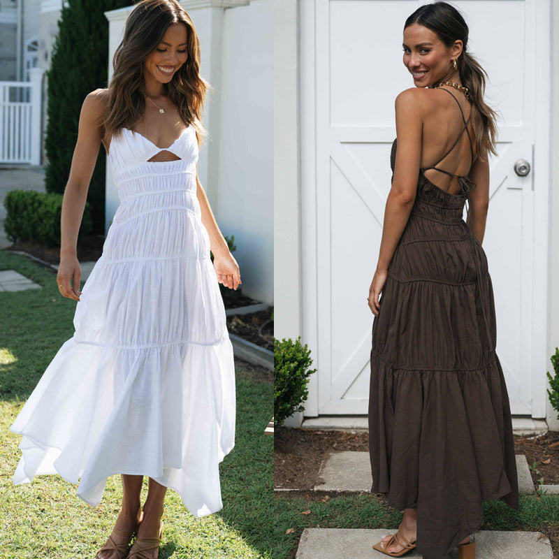 V Neck Back Strap Irregular Long Dress
