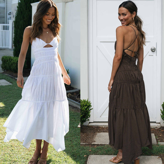 V Neck Back Strap Irregular Long Dress