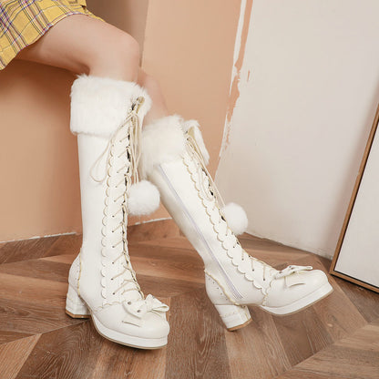 Lace-up high-top fur ball warm boots