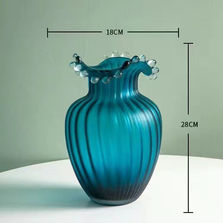 Wavy Frosted Blue Striped Glass Vase