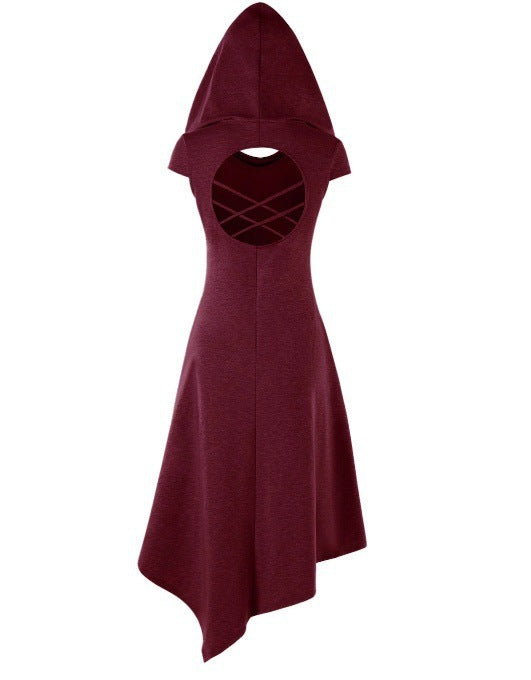 Back Hollow-out Underleg Asymmetric Hooded Midi Dress