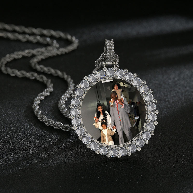 Hip Hop Diamond Round Photo Frame Couple Memorial Photo Pendant Necklace
