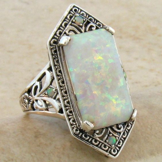 New Product Square White Opal Antique Silver Ring