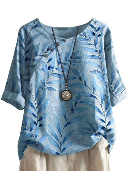 Long Sleeve Round Neck Pullover Three Quarter Sleeve Womens Printed T Shirt