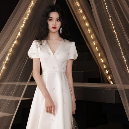 French Bridesmaid Cheongsam Satin Light Wedding Small Evening Dress Women