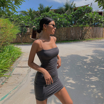 Homemade double-layer mirror out of the street, a single product sexy hot girl was thin, buttocks short skirt, ice silk flat neck suspender dress, female