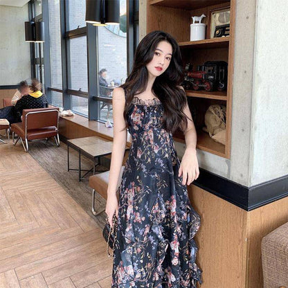 Printed A-line Skirt Summer New Product Temperament Was Thin Suspender Skirt