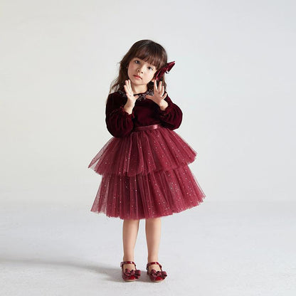 European And American Long-sleeved Velvet Little Girl Fashionable Dress