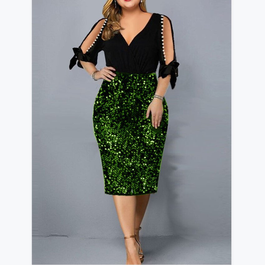 Plus Size Women's Personalized Sequined Beads V-neck Dress With Hips