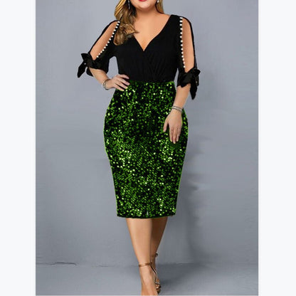Plus Size Women's Personalized Sequined Beads V-neck Dress With Hips