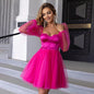 High-grade Tight Waist Girl Tube Top Square Collar Tulle Lantern Sleeve Dress