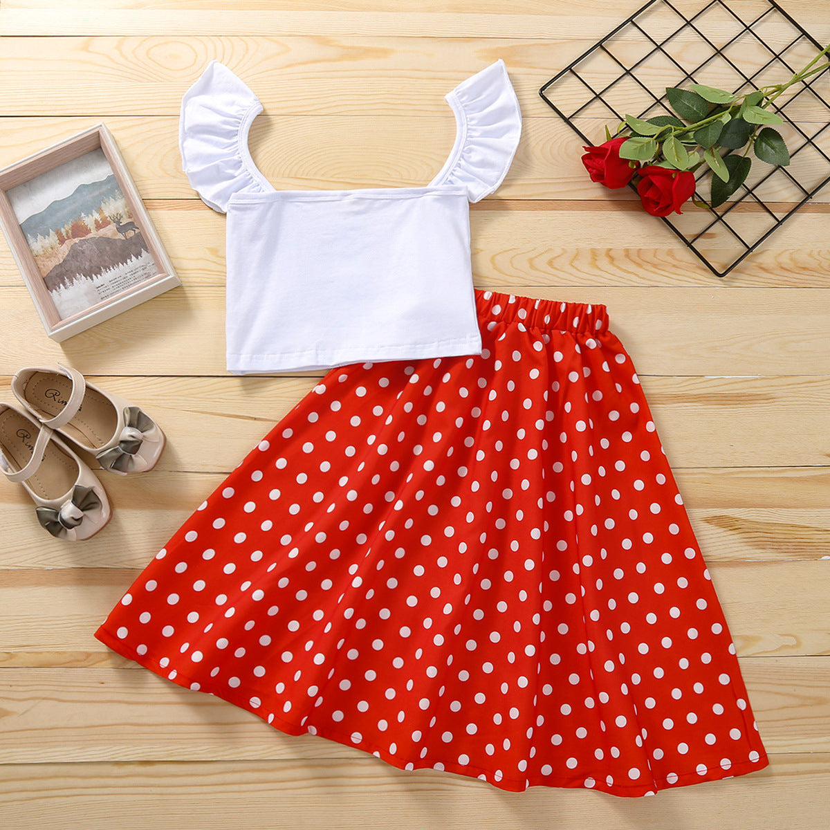 Single Breasted Blouse Top Polka Dot Skirt Two Piece Set