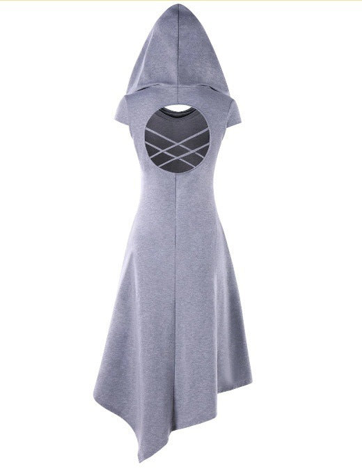 Back Hollow-out Underleg Asymmetric Hooded Midi Dress
