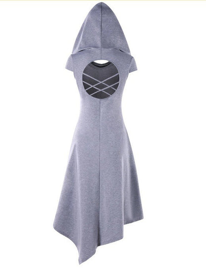 Back Hollow-out Underleg Asymmetric Hooded Midi Dress
