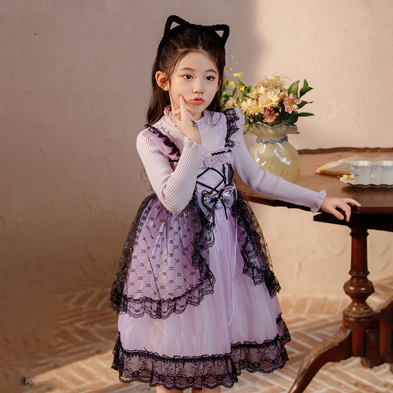LITTLE Girls light purple silk with long sleeve with black lace trim ascent design dress
