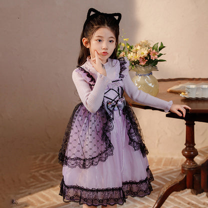 LITTLE Girls light purple silk with long sleeve with black lace trim ascent design dress