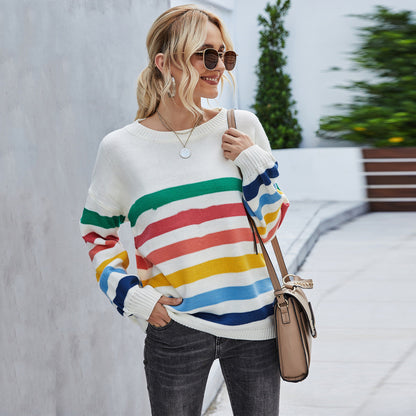 Women's plus size striped stitching knitted sweater