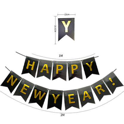 Happy New Year Hanging Flag Colorful Flag Black Gold Letter Pendant