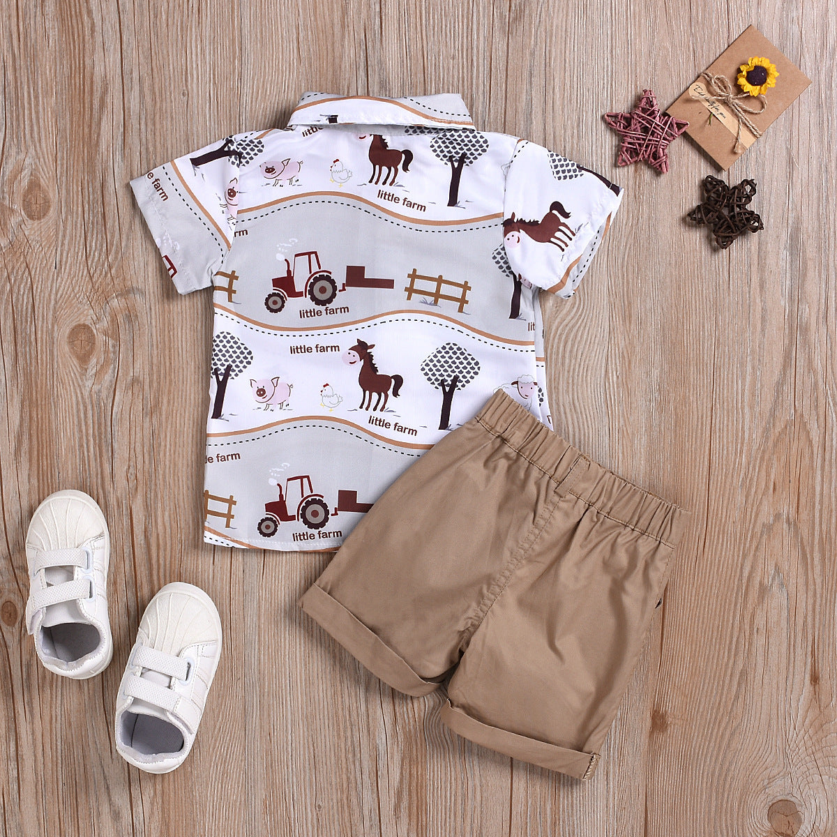 Summer boys and girls suit cartoon printed shirt solid color shorts suit
