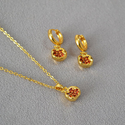 Simple Brass Gold-plated Red Pomegranate Necklace Earrings
