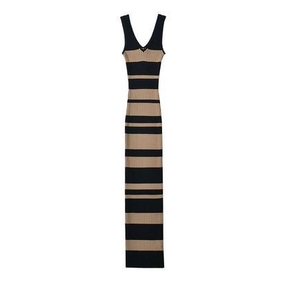 European And American Hot Girl Double V-neck Color Sleeveless Knitted Dress Intellectual Elegant Skinny Sheath