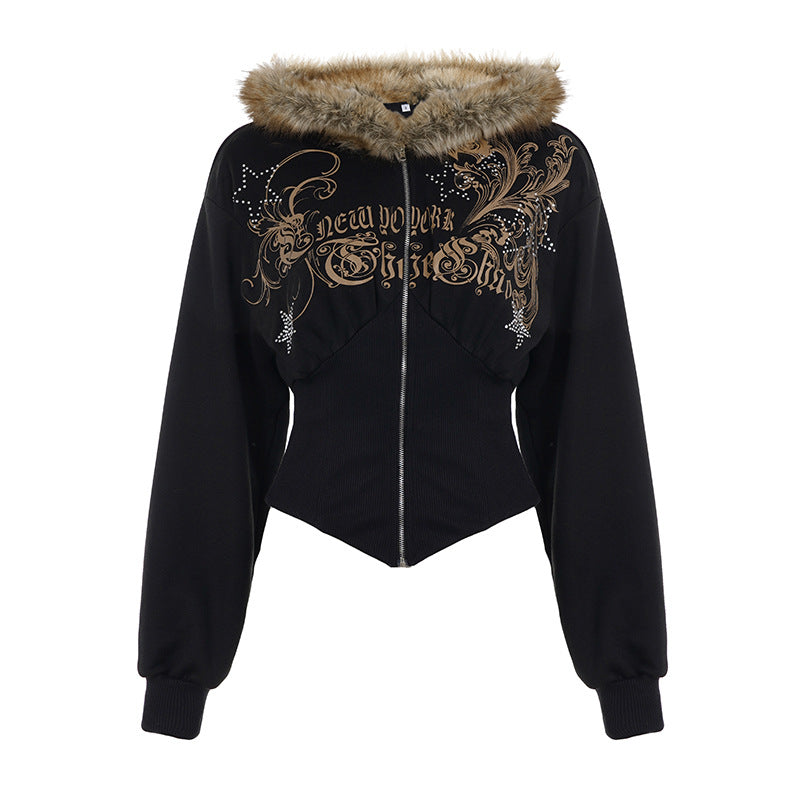 Dark Diamond Letter Print Fuzzy Collar Irregular Sweatshirt Casual Top