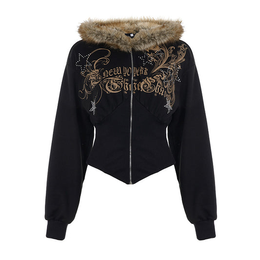 Dark Diamond Letter Print Fuzzy Collar Irregular Sweatshirt Casual Top